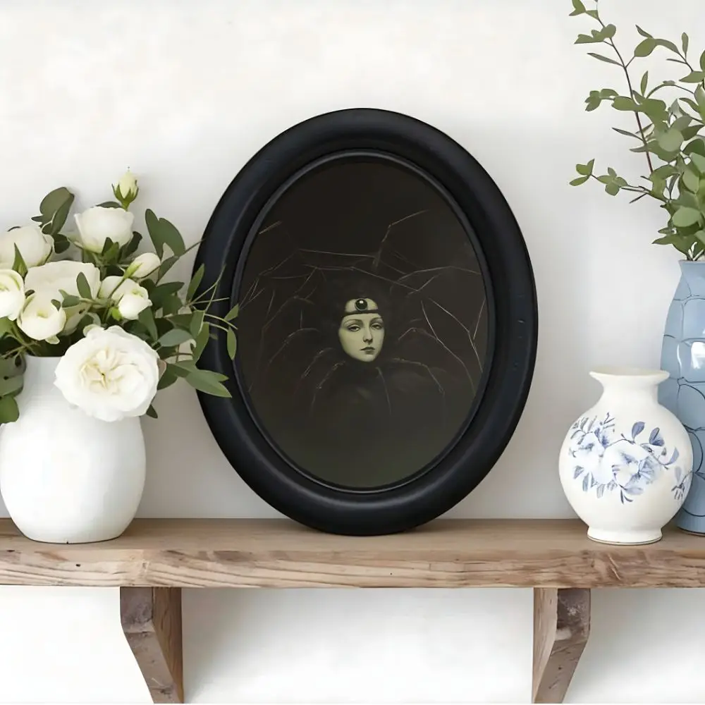 1 Piece of Dark Gothic Spider Goddess Wall Decoration, Black Oval Frame, Vintage Mysterious Spider Woman Pattern Decoration, Atmospheric Dark Academy Style Home Decor, Niche Witch-Style Living Room Ornament
