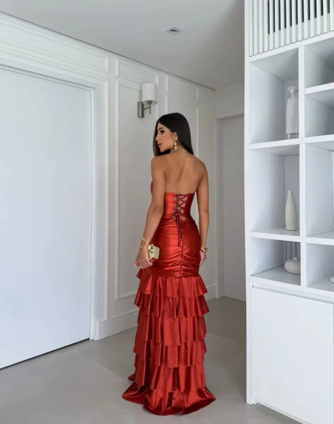Women Dresses Satin Mermaid Evening Dress Sweetheart Strapless Corset Bodice Tiered Ruffle Slit Skirt  Formal Party Dresses