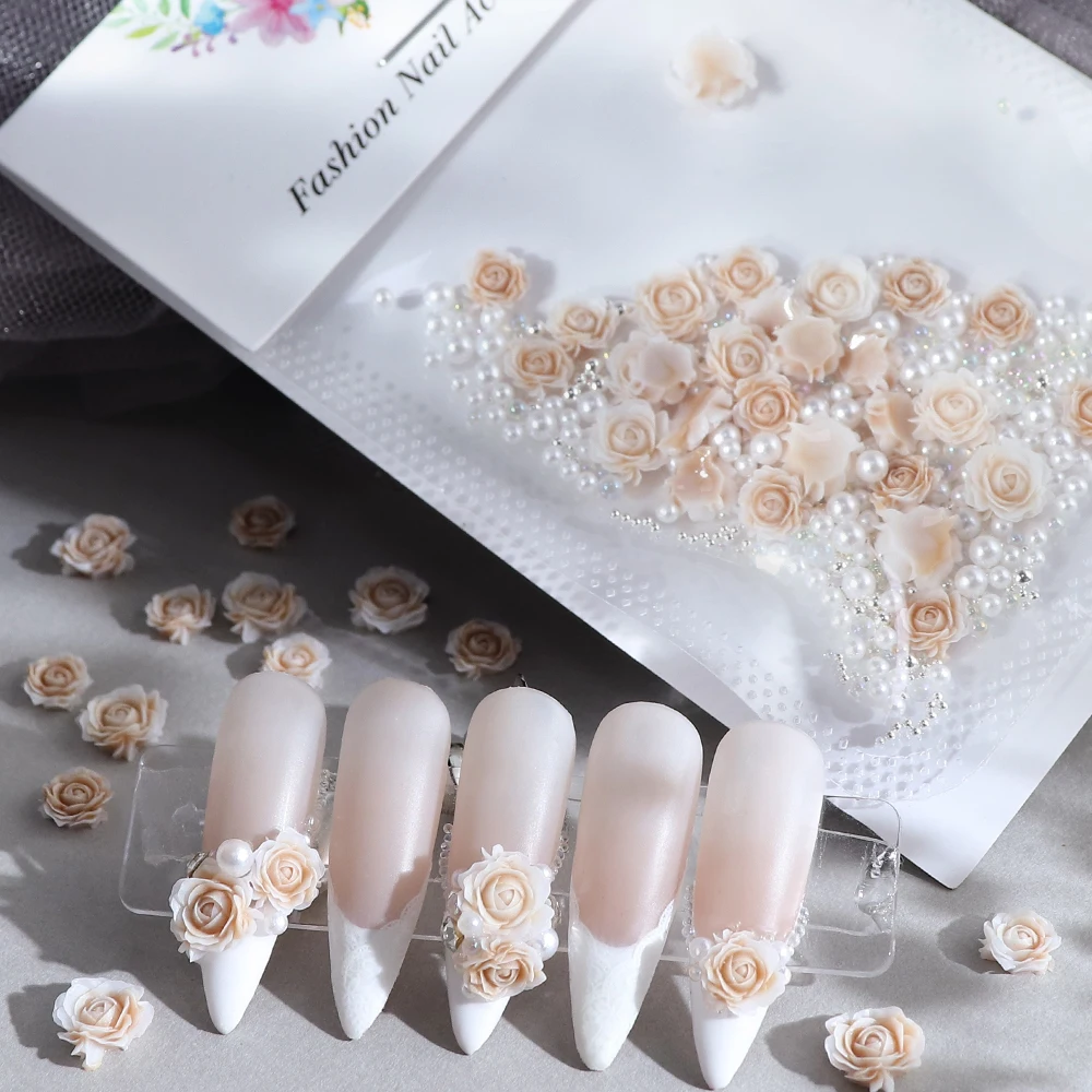 30 pcs/bag Rose Flower 3D Nail Art Charms Imitation Rose Mixed Pearls Luxury Parts Valentines Manicure Supplies DIY Decoration