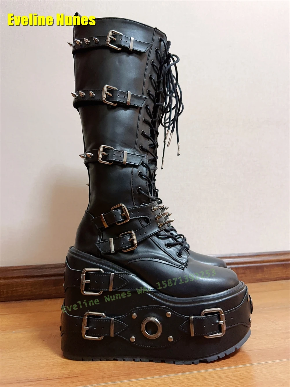 Rock Rivet Spikes Platform Punk Motorcycle Boots Round Toe Wedges Thick Sole Cross Tied Heavy Work Belt Buckle Knight Booty 2024