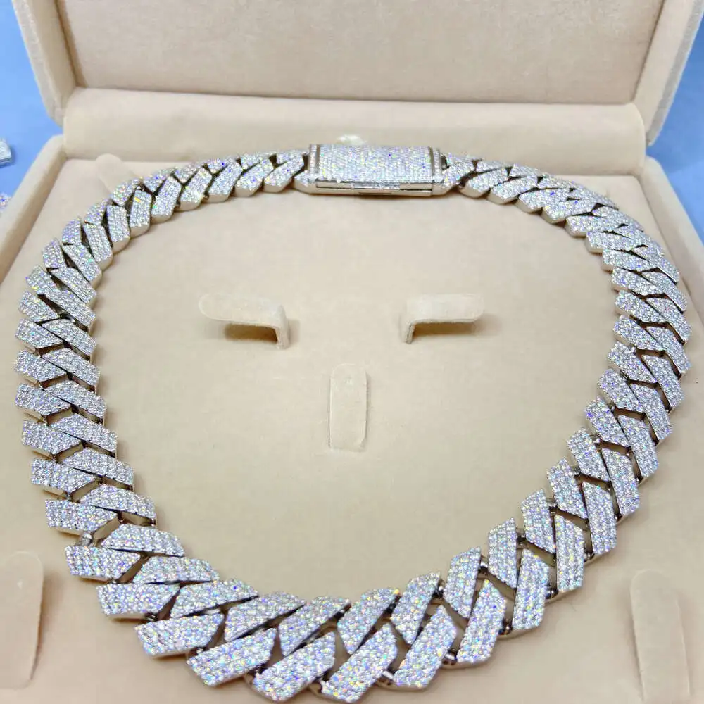 20mm Width Three Rows Hand Setting Iced Moissanite Diamond Silver Hiphop Necklace Men Trendy Cuban Chain Necklace