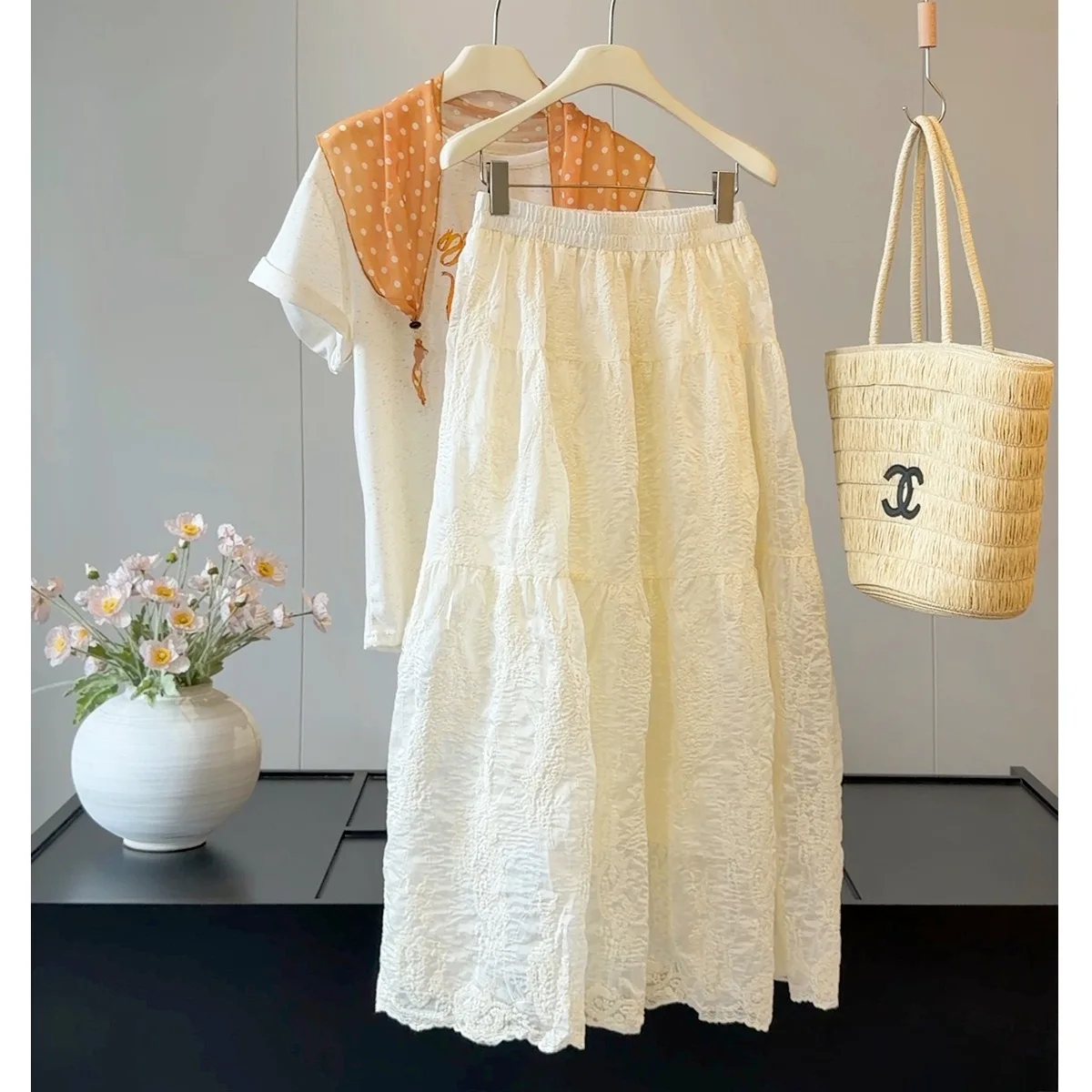 Women Summer Elegant Beige Skirt A-Line Long Skirts Stretch High Waist Maxi Skirts Faldas Femme