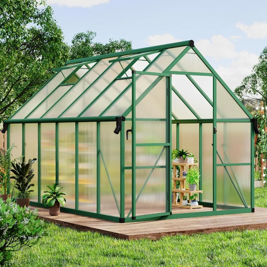 

8x12 FT Outdoor Greenhouse Polycarbonate Greenhouse with Roof Vent and Ground Nails Aluminum Large Walk-in Green House w/Lockab