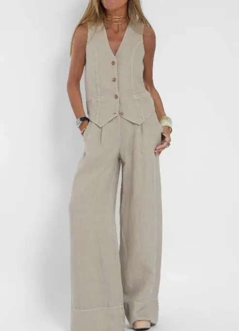 

Комплект из двух предметов, женский наряд, весенняя мода 2024, новый однобортный жилет без рукавов с v-образным вырезом и повседневные брюки с карманами и высокой талией