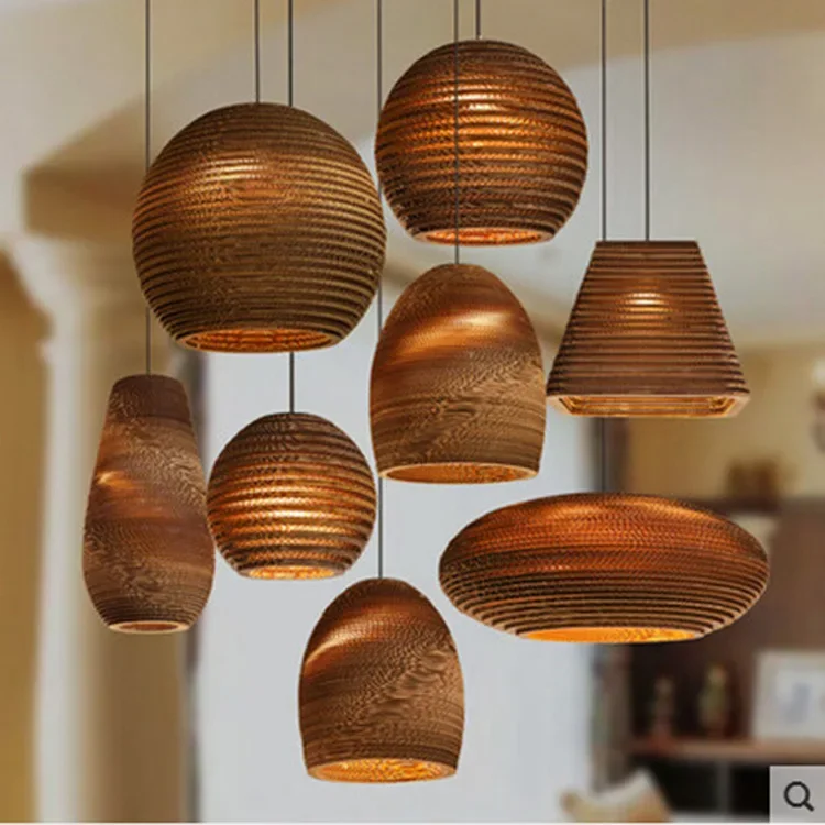 

20CM/25CM Indoor Decoration Brown Lighting Fixture Paper Cardboard Shade Hanging Lamp with Cable for Home Dining Room