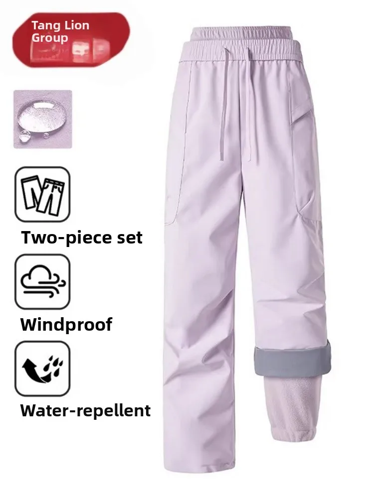 Three-in-One Fleece Lined Ski Pants Women's Winter Cold Proof Waterproof Hiking Climbing Trousers Outdoor Style Straight Leg ...