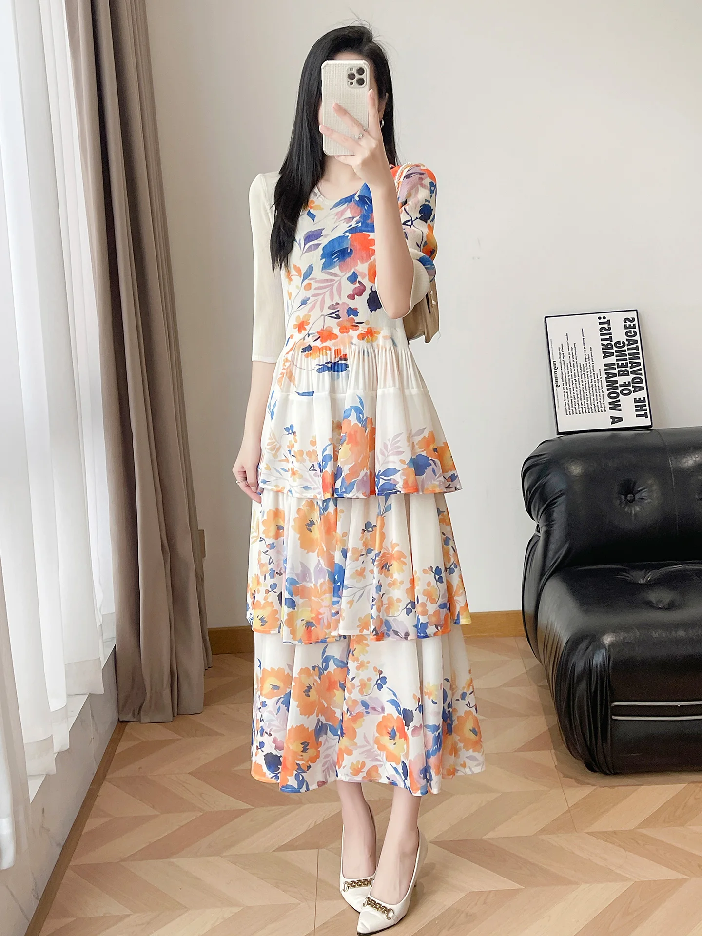 

Three Houses Oil Painting Floral Pleated Women's Dress Waist Cinching Slimming Large Swing Cake Long Skirt Polyester Fiber