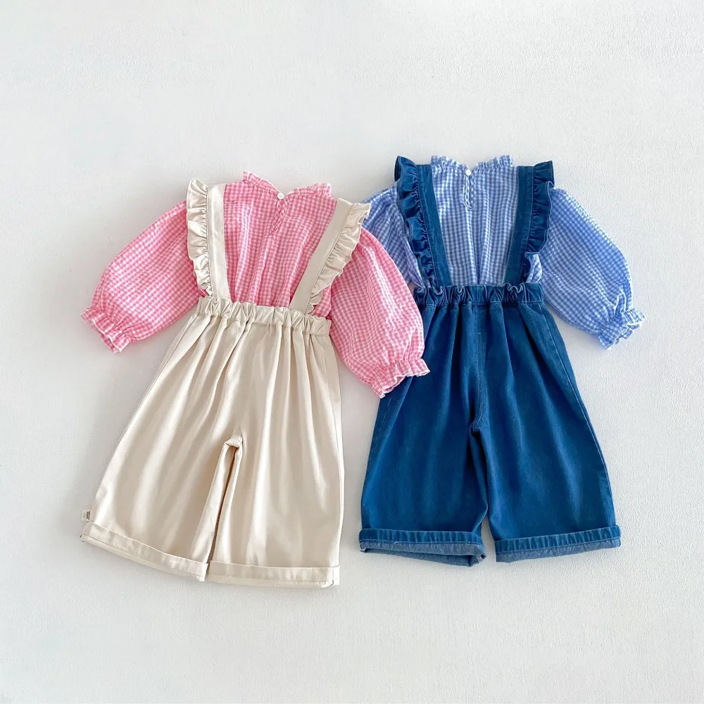 1-6Years Children Girl Clothes 2026 Autumn Toddler Kids Long Sleeve Plaid Blouse Loose Tops Embroidery‌ Flower Jumpsuit Outfits