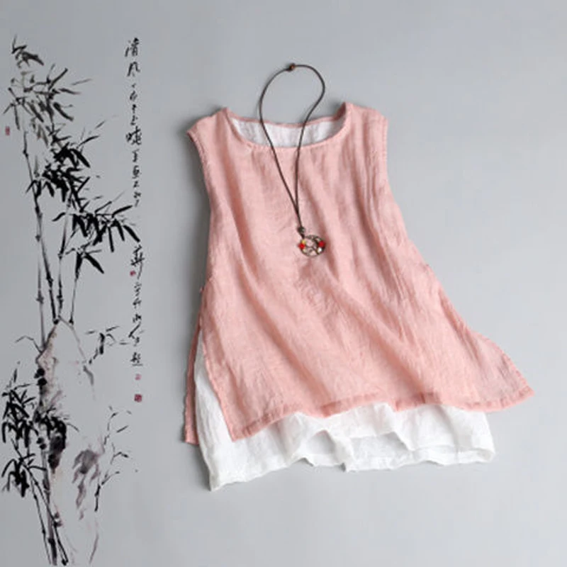 2023 Summer New Solid Color Vests Women Round Neck Vintage Frog Thin Style Cotton Hemp Sleeveless Pullovers Simple Elegant Tanks
