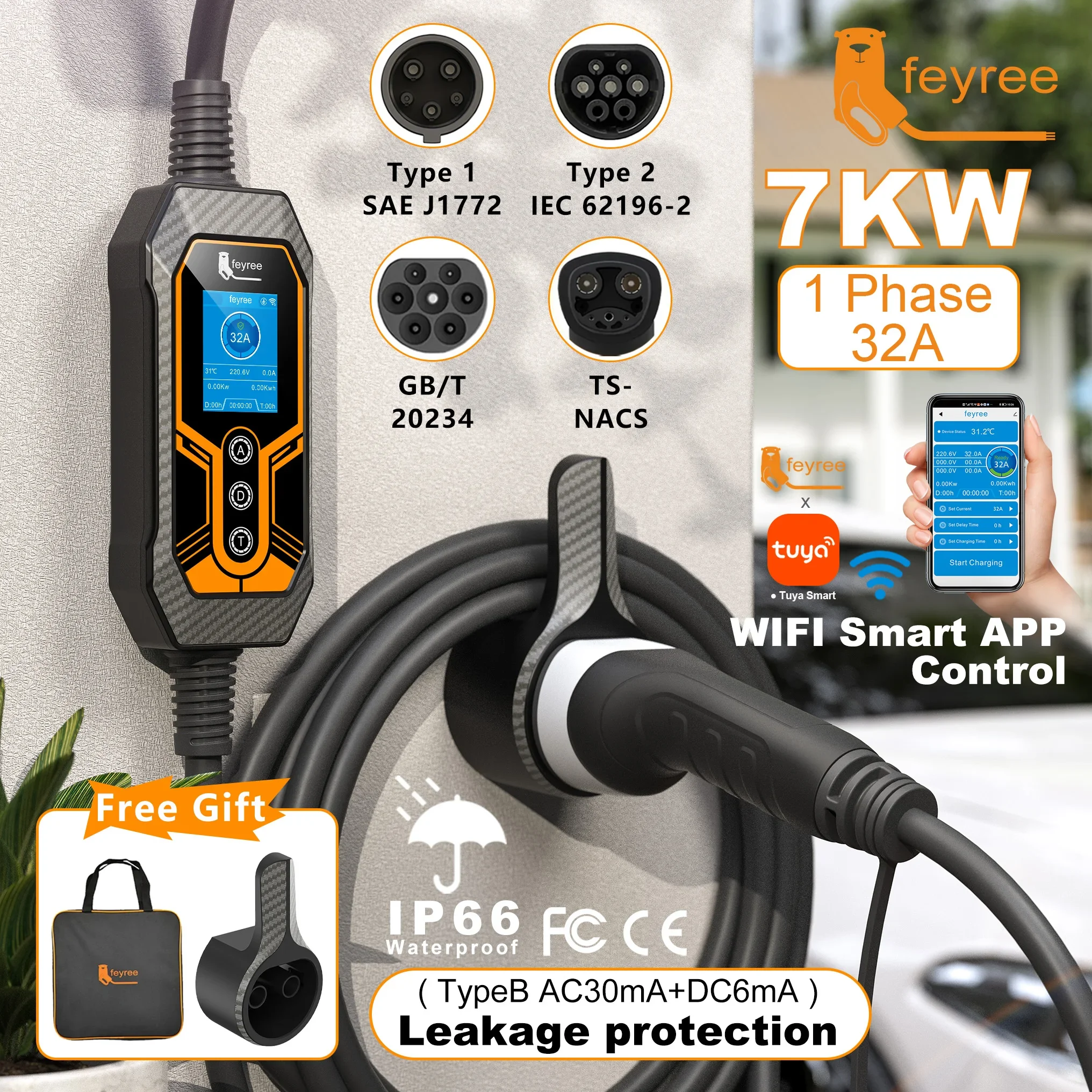 feyree Type2 32A 7KW Single Phase Wi-Fi APP Control Type1 / GBT / TS-NACS Cord for Home&Outdoor