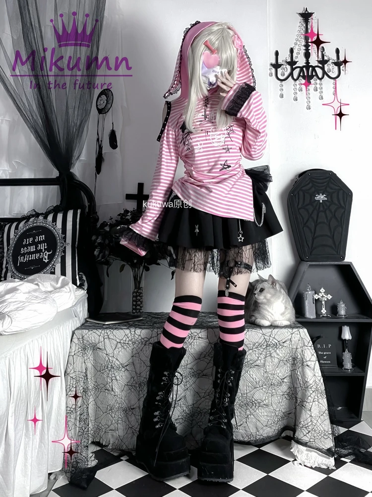 Mikumn Japanese Harajuku Y2k Striped Lace Rabbit Ear Hooded T-Shirt Gothic Girls Kawaii Pink Off Shoulder Long Sleeve Tops Tees