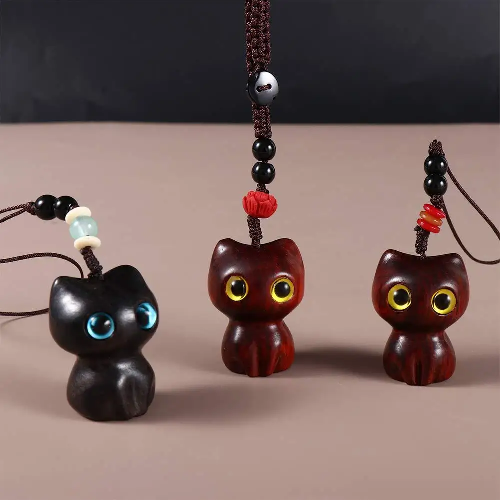 LLavero de gato de sándalo para mujer, colgante de madera de Animal de dibujos animados, llavero de bolso, llaves de coche, dijes, accesorios de joyería