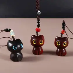 Sandalwood Cat Keychain Cute Cartoon Animal Wooden Pendant Keyring Bag Car Keys Charms for Women Jewelry Accessories