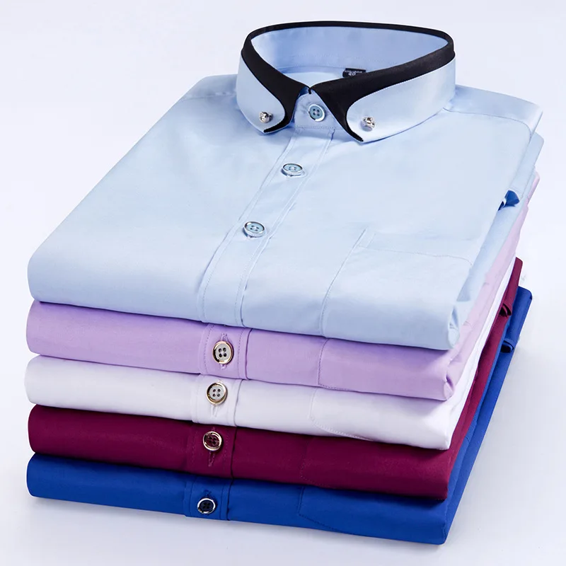 New Men's White Tie Buckle Double Collar Slim Fit Shirt No Ironing Stretch Patchwork Men Dress Shirt