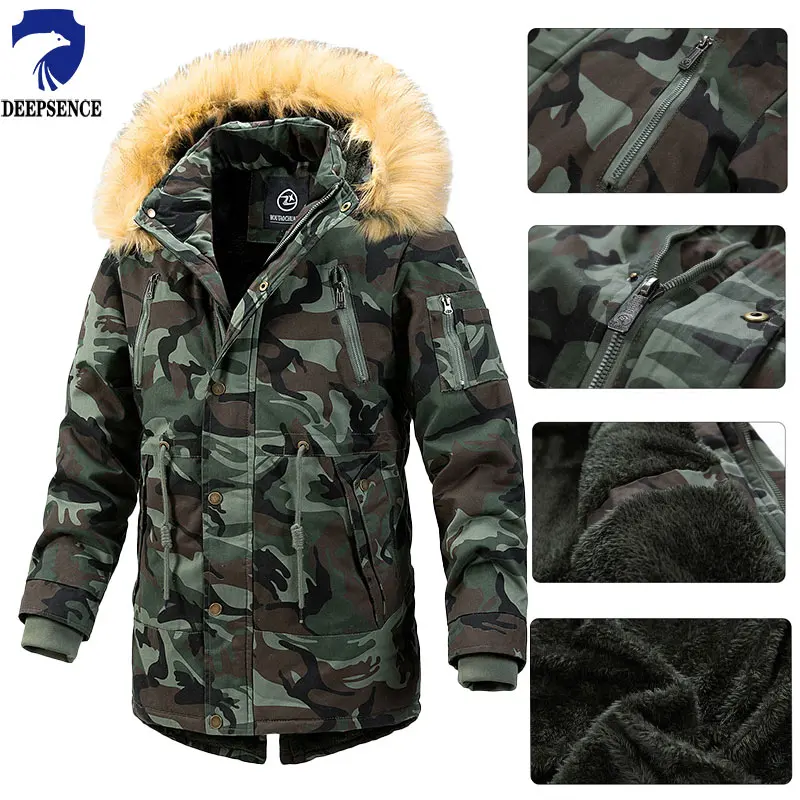 2024 Winter Outdoor Men's Jacket Warm Hunting Camouflage Thickened Mid-Length Parker Workwear Camouflage Windproof Jacket