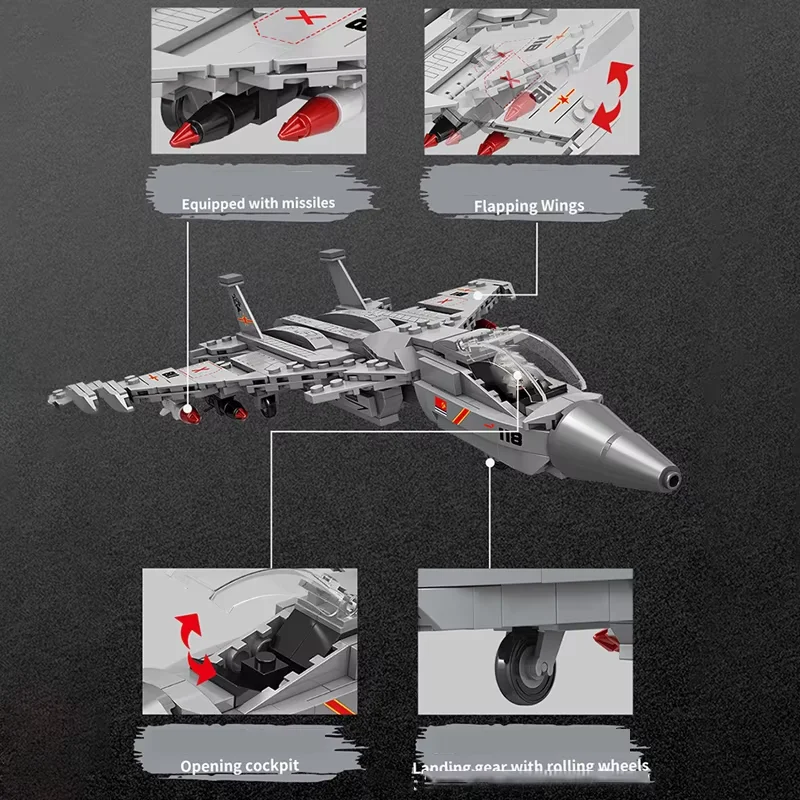 Arme Overlord MOC: blocs de construction de chasseur J-15, modèle d'avion de série militaire avec figurine, jouets éducatifs, cadeau pour adultes, 323 pièces