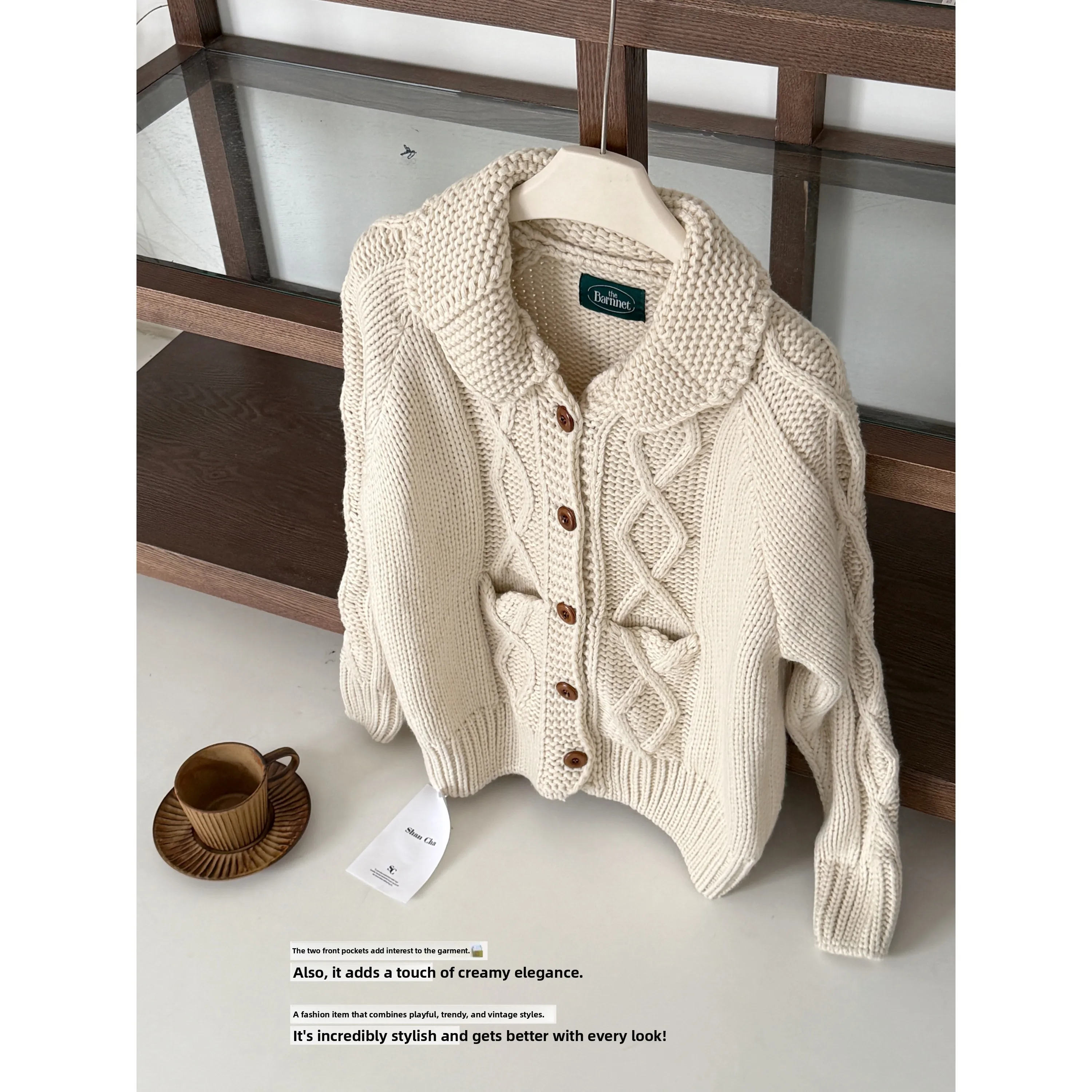 

Artistic Knitted Heavyweight Cardigan Women's Loose Fit Long Sve Sweater Turn-down Collar Autumn Faion Polyester Fiber