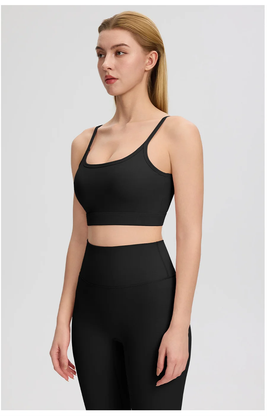 2-teiliges Damen-Yoga-Set mit dünnen Trägern, Sport-BH, hochtaillierten, eng anliegenden Leggings, einfarbig, weich, dehnbar, Fitness, Gym, Pilates, Activewear-Outfit – Detail 3