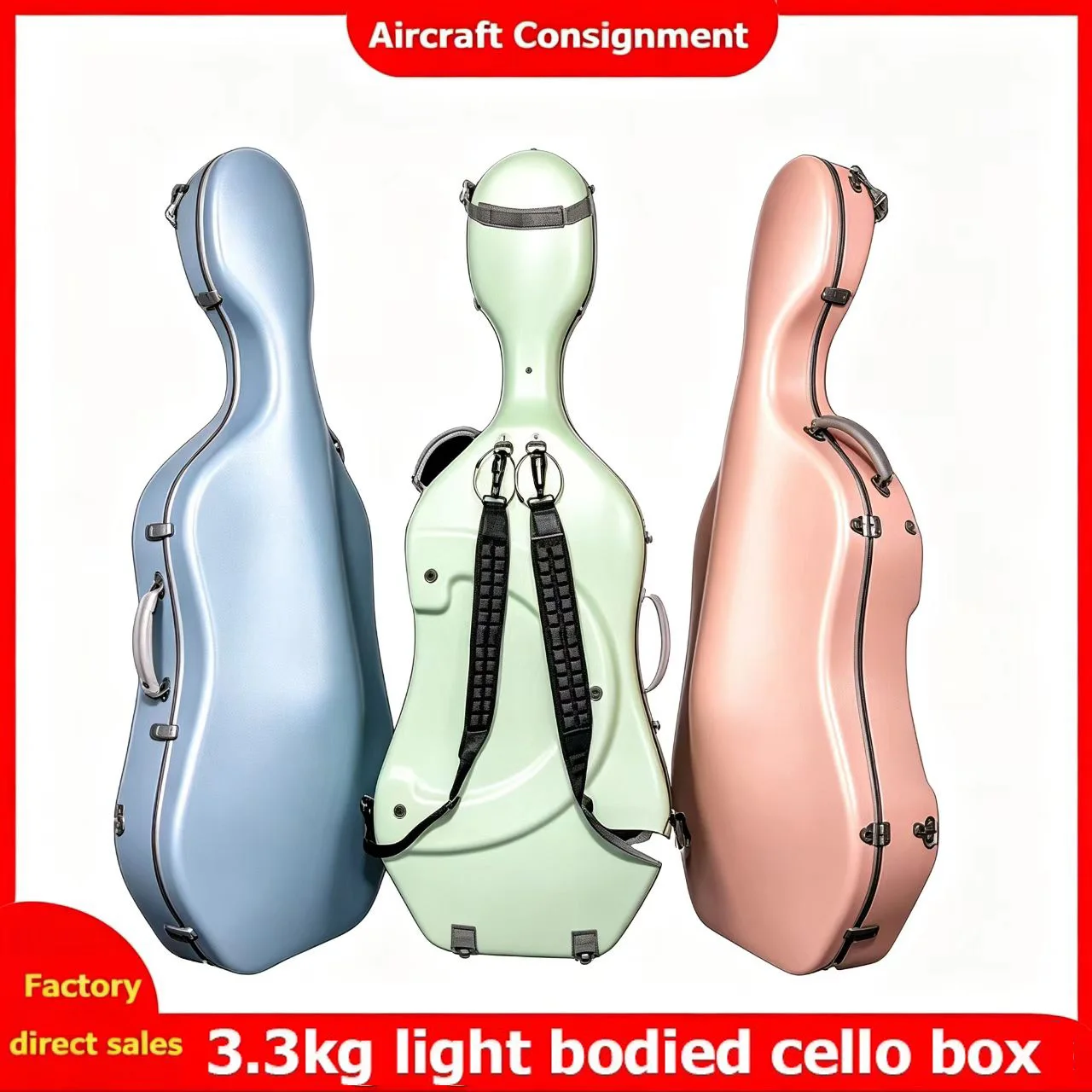 3.3kgs 4/4 carbon fiber cello box case with large rollers, wear-resistant and earthquake resistant, for airplane