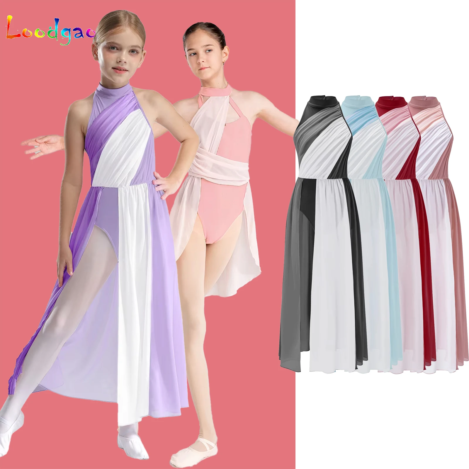 

Kids Girls Color Block Maxi Dress Sleeveless Keyhole Ballet Modern Lyrical Dance Competition Performance Leotard Tutu Costume