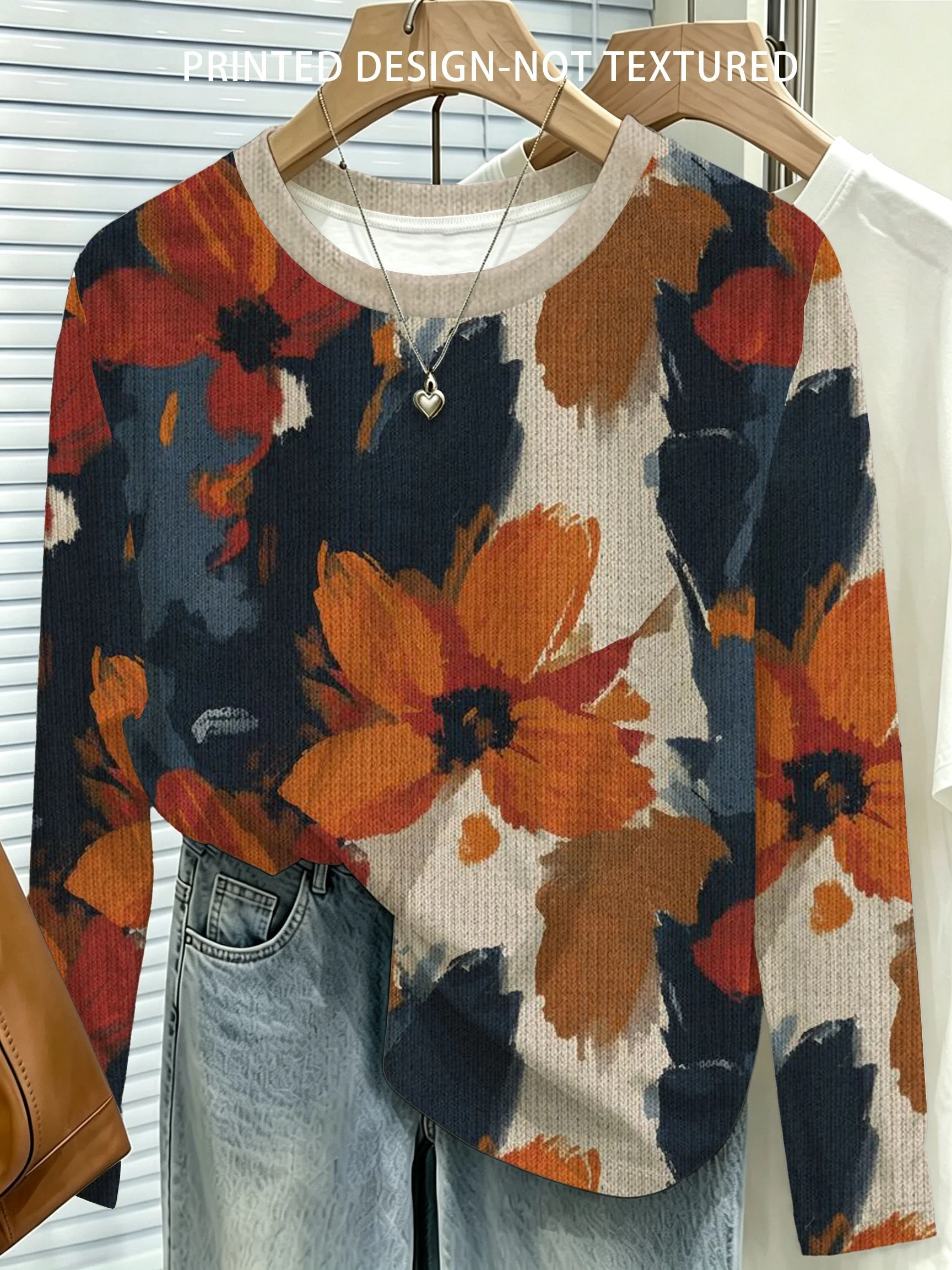 Women Long Sleeve T Shirt Oil Painting Floral Print Soft Breathable Casual Daily Outdoor Autumn Winter Fashion Women's Clothing