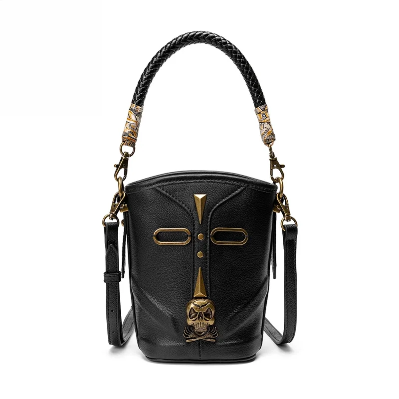 2026 New Arrival Punk Skull Bucket Bag For Women Genuine Leather Small Shoulder Bag Fashionable Streetwear Handbag Gift