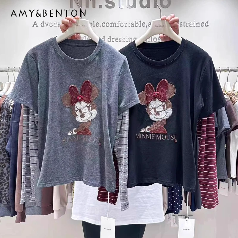 Layered Design Fake Two-Piece T-shirt Ladies Autumn Striped Long Sleeves Patchwork Cartoon Loose Fashionable Youthful Top Tees