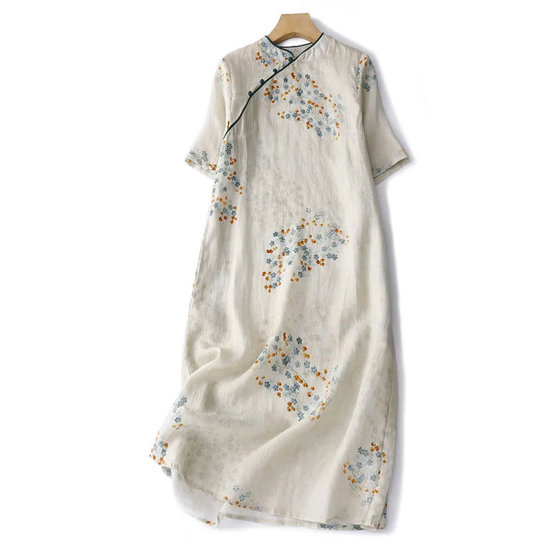 

2023 Women Beige Vintage Loose Cheongsam Slim Cotton Linen Improved Summer Dress Floral Plus Size Elegant Dresses M To 2XL