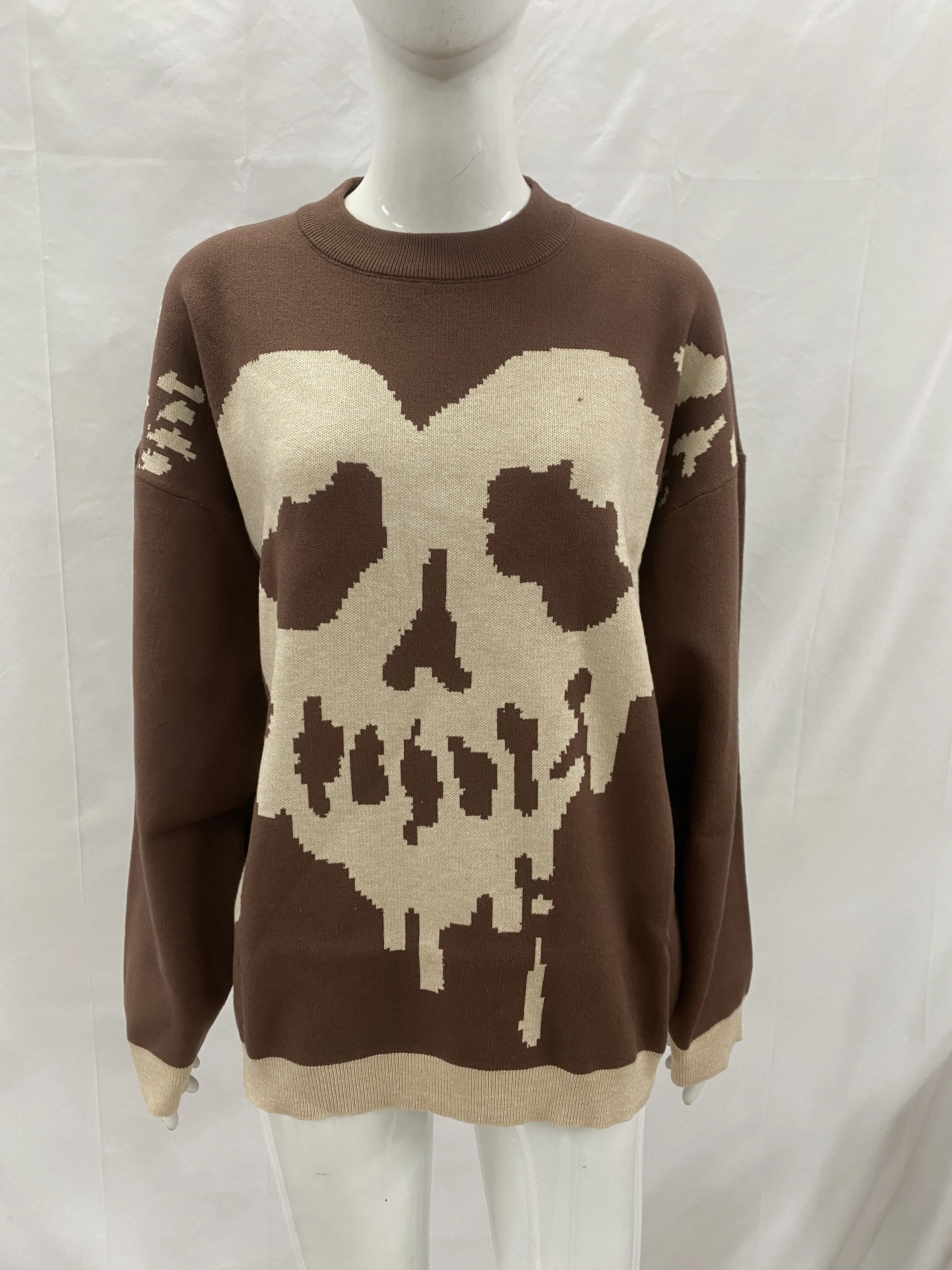 Hip hop street fashion versatile women's round neck skull print sweater loose sportswear knitted top couple's style
