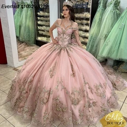 EVLAST Customized Pink Quinceanera Dress Ball Gown Gold Lace Applique Beading Mexican Corset Sweet 16 Vestido De 15 Anos TQD962