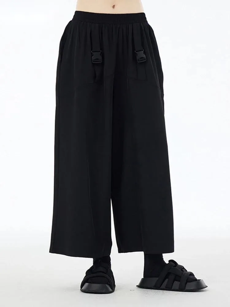 

Черные повседневные широкие брюки с высокой эластичной резинкой на талии и карманами с пряжкой, новые брюки, женские модные брюки, весна-осень