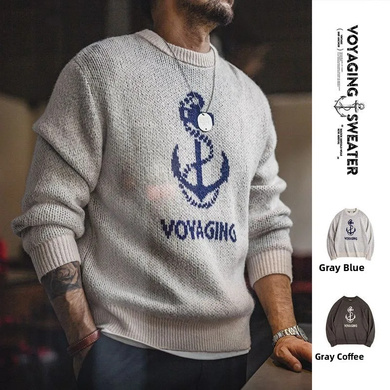 

Винтажный вязаный свитер Maden с якорным узором, круглый пуловер Ne, длинный све, мужской модный городской топ на осень и зиму
