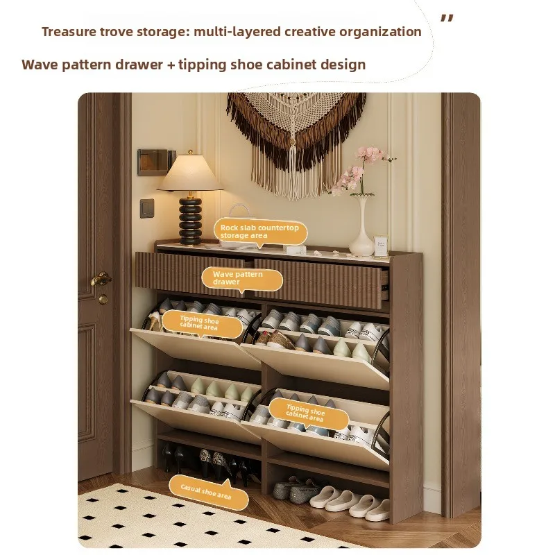 Medieval cream style shoe cabinet, solid wood new ultra-thin entry door storage cabinet, entrance tipping bucket shoe storage