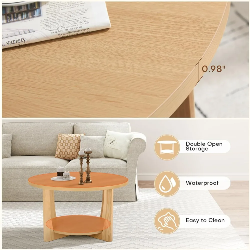 31.5'' Round Coffee Table with Solid Wood Pine Legs, 2-Tier Boho Wood Coffee Table with Storage Shelf, Small Modern Circle Cente