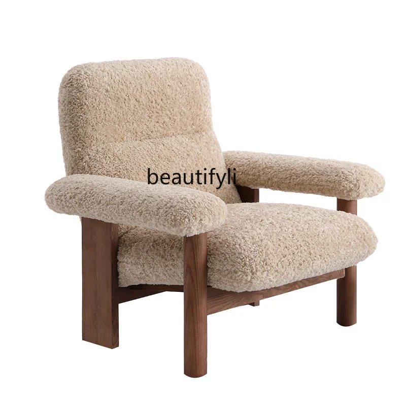 

Medieval leisure chair living room designer retro lamb wool ash wood single sofa