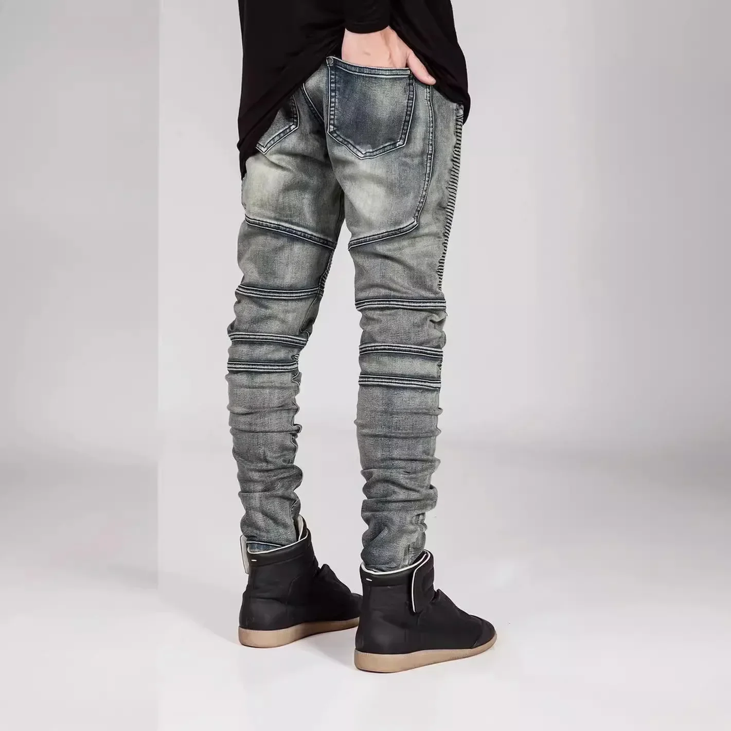 European and American Personalized Youth Jeans for Men, Men's Trendy Brand Motorcycle Pants Wrinkled Slim-fit Ankle-length Jeans