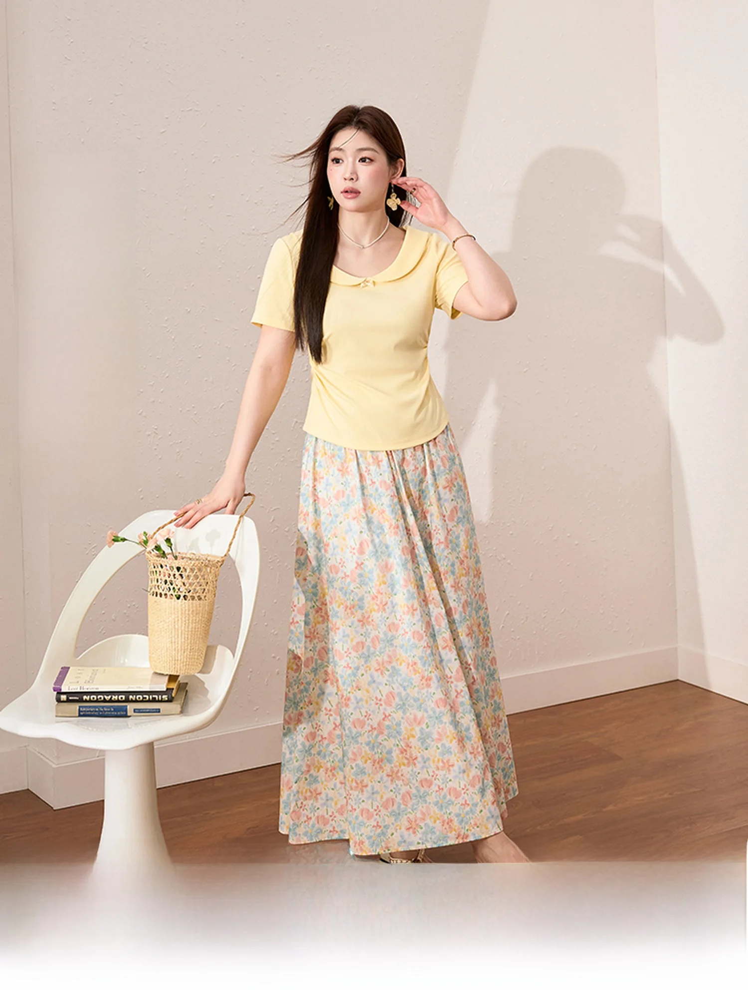 

Blue Language Large Size Women's ort Sve T-irt Floral f Skirt Summer New One Set of Clothing Commute Simple Sle