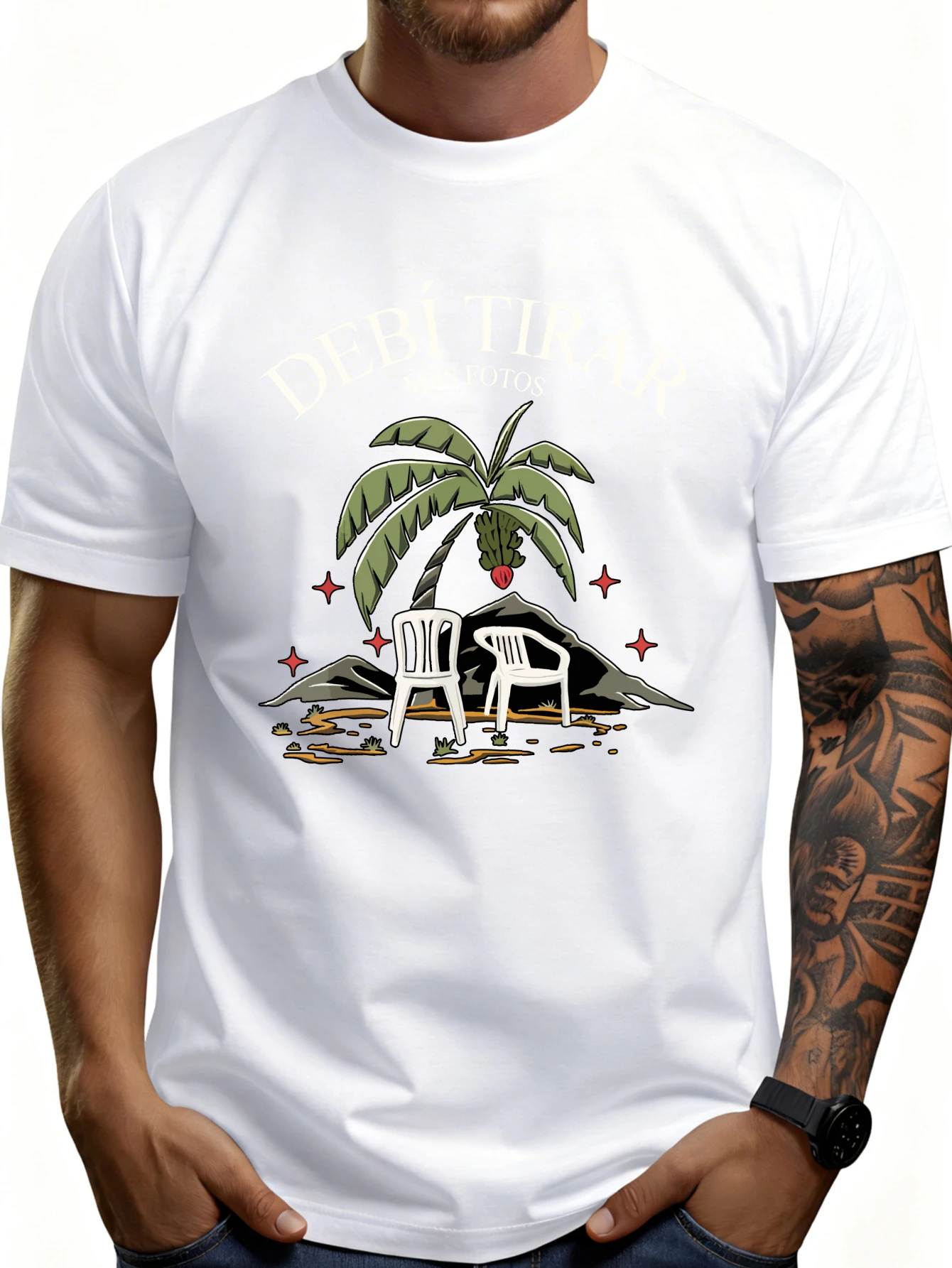 Men's Graphic T-Shirt - Breathable, Soft, Lightweight - Palm Trees, Chairs, Mountains, Stars - Vintage Fun Pattern Casual Short Sleeve Summer Top, Gift for Him
