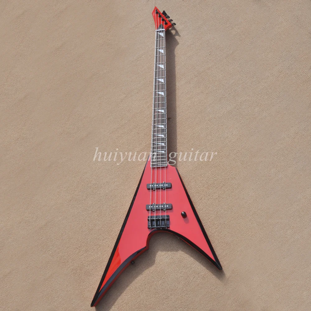 Flyoung 4 Strings Red V Electric Bass Guitar with Black Trim Rosewood Fretboard 24 Frets