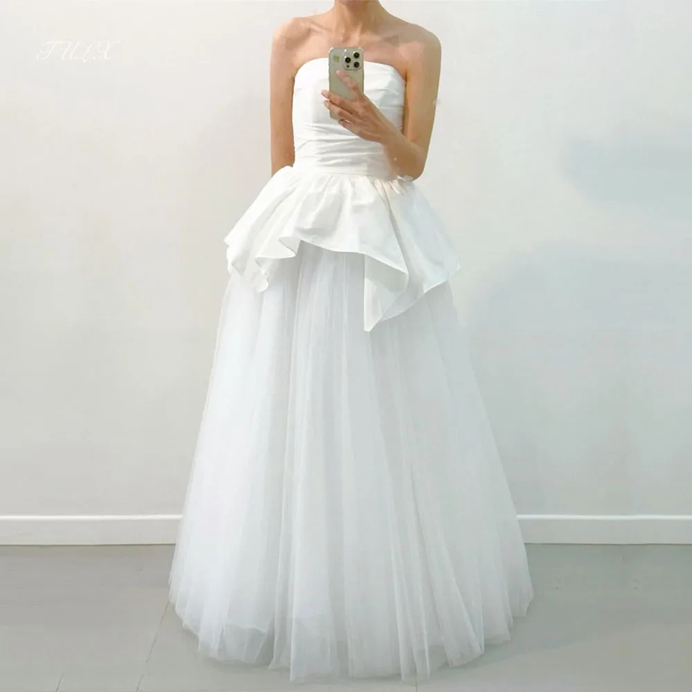 

TULX Simple Ivory Tulle Wedding Dress Korea Photo Shoot Strapless Taffeta A line Long Bridal Gowns Corset Customized 웨딩드레스