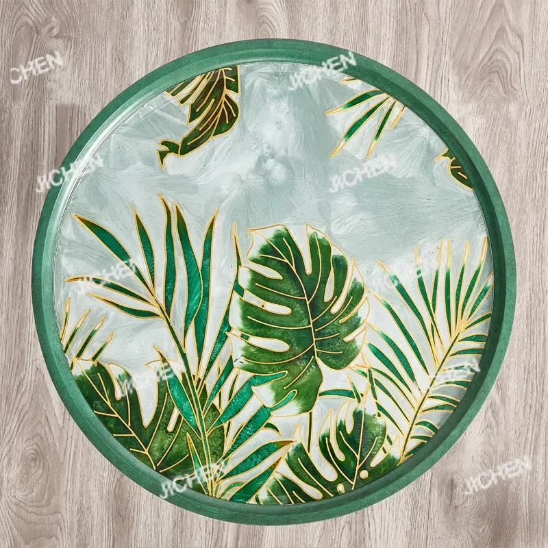 

JC Cloisonné enamel colored edge a few corners emerald solid wood round table whole luxury reception table tempered glass