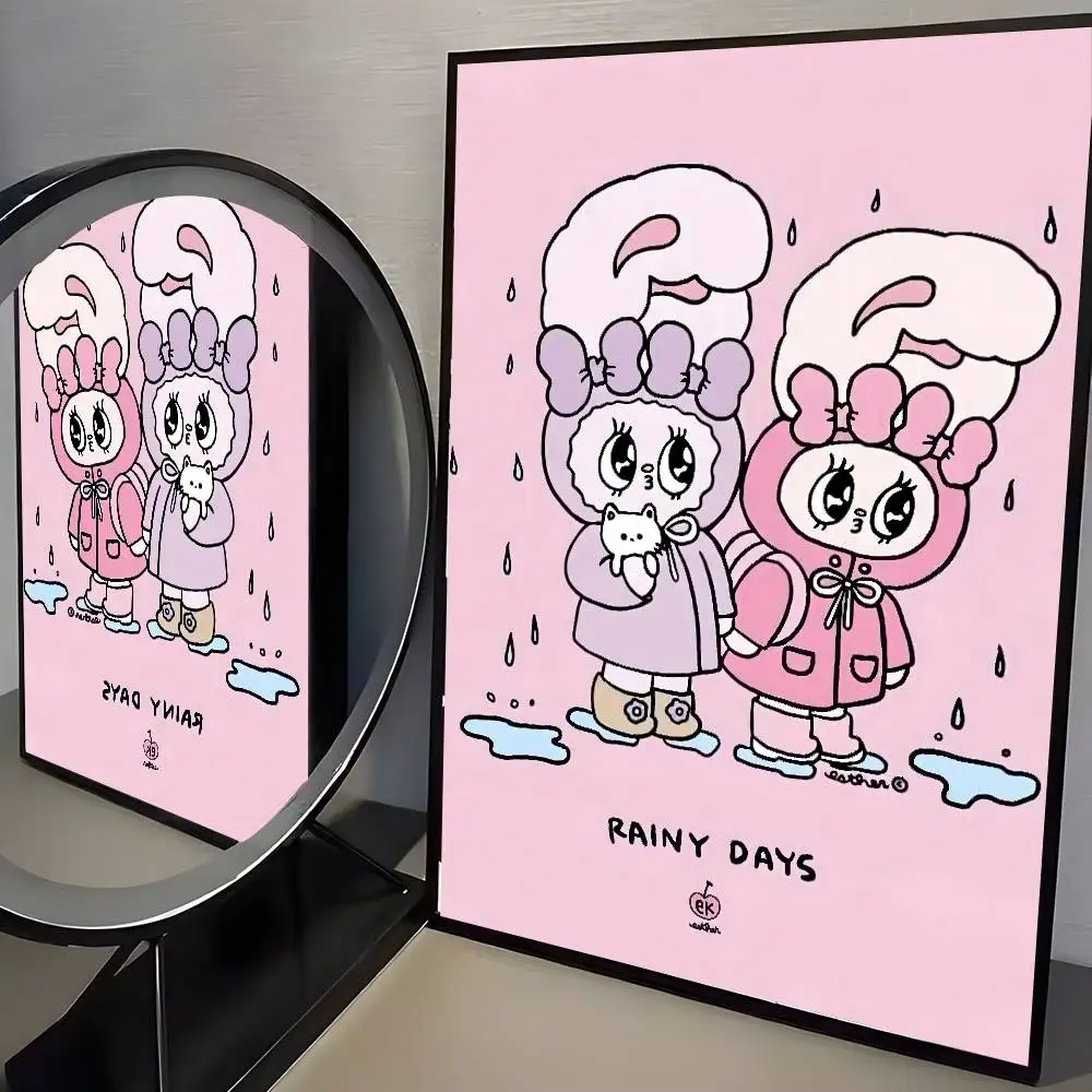 ملصق E-Esther B-Bunny وردي عالي الدقة جدار لاصق مقاوم للماء لغرفة المعيشة المنزلية وغرفة النوم والديكور الجمالي