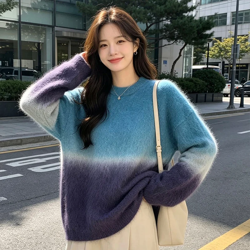 Gradient Color Plus Loose Style Sweaters Women Fluffy Long Hair Woolen Knitting Pullovers Winter Soft Warm Oneck Jumpers Female