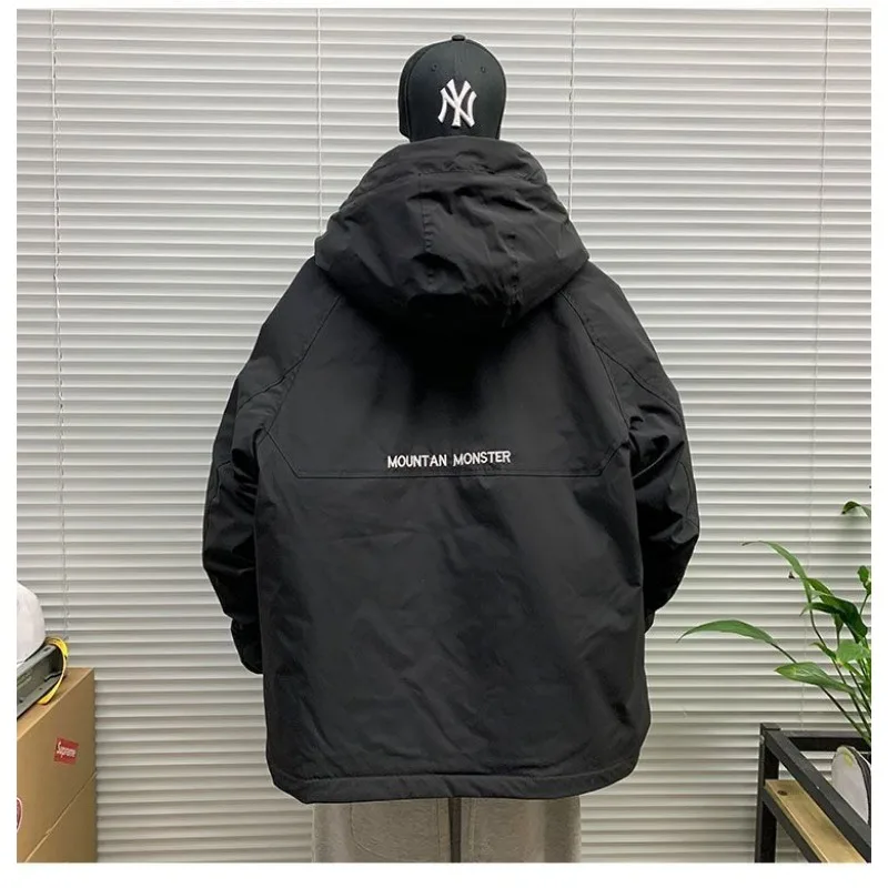 Men's Workwear Fashion Hooded White Down Jacket Winter Thickened Warm Casual Loose Over Jacket Fashion Personality Cool