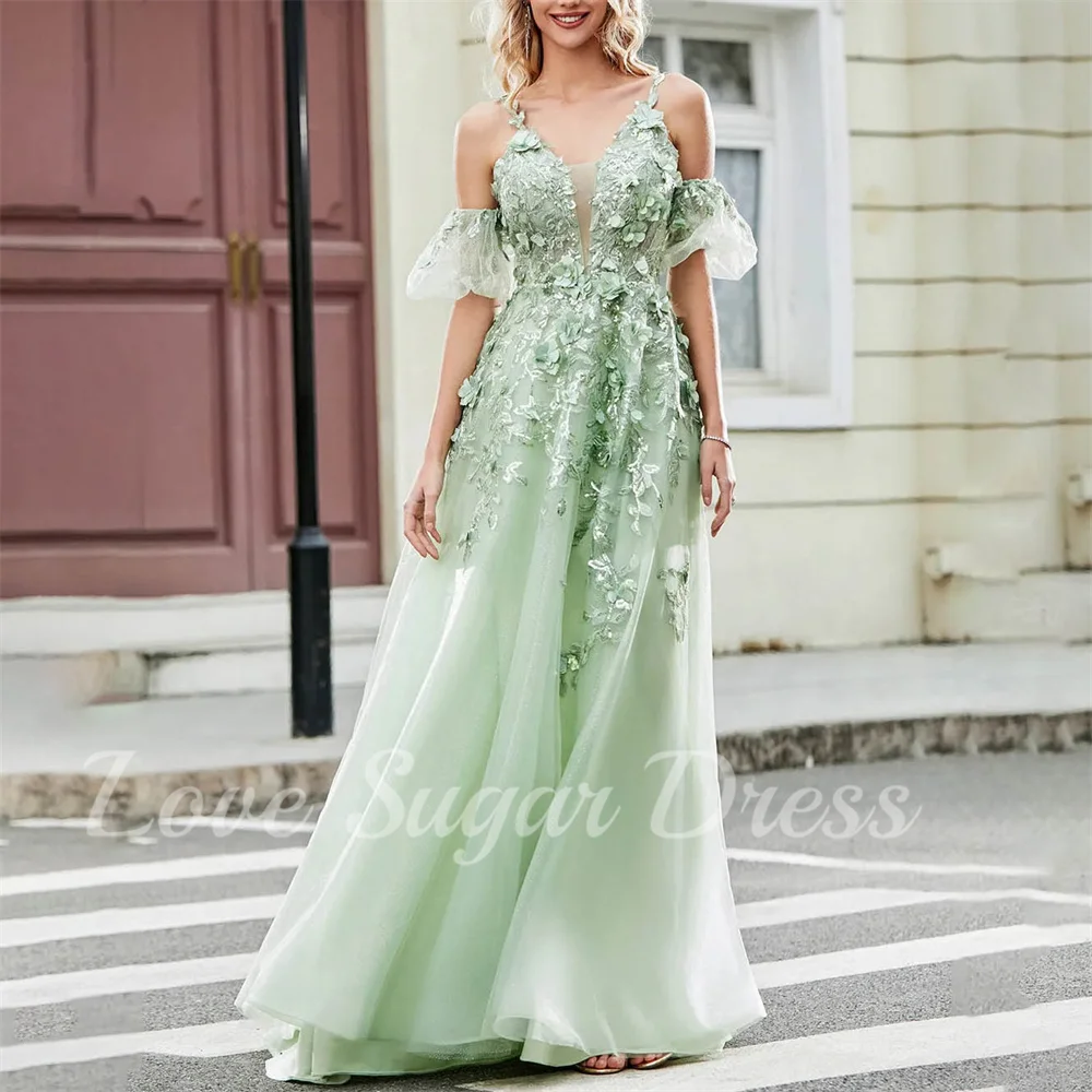 A Line Tulle Evening Dresses For Women Lace Applique Long Prom Dress Off Shoulder V Neck Formal Party Gowns robes de soirée