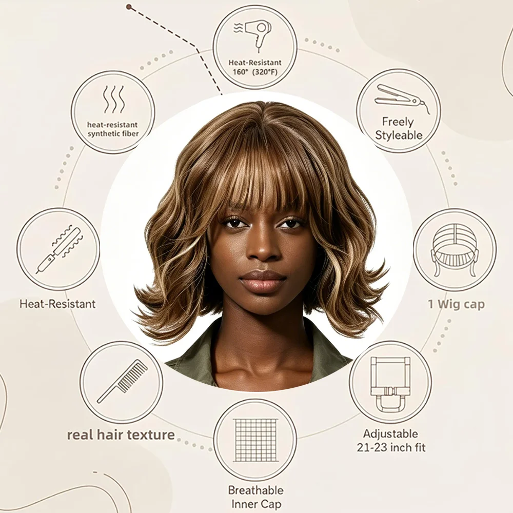 

Short Wavy Bob Wig Brown Blonde Highlight Heat Resistant Synthetic Wig with Bangs Glueless For Black Women Daily Wear Party