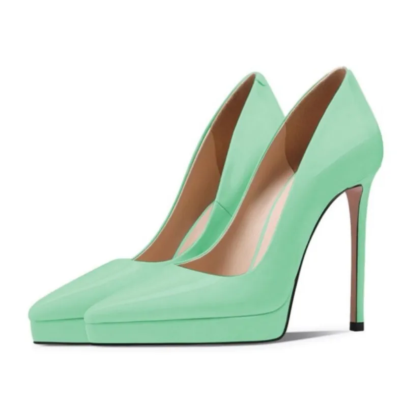 DIZHUANG shoes Sexy women's high heels. About 12cm heel height. Pointed toe pumps. Light green single shoes Fashion show banquet