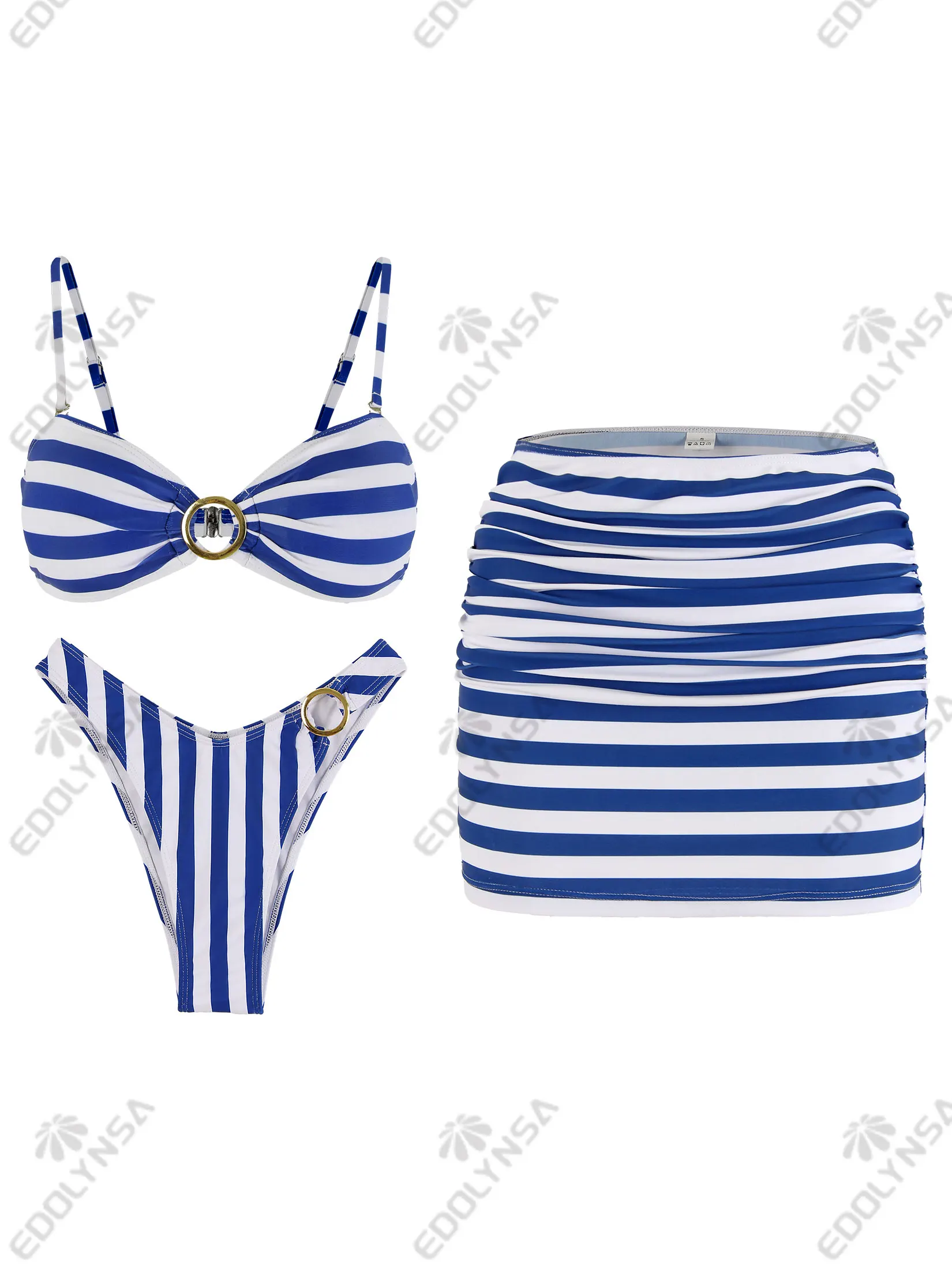 Gestreifter 3-teiliger Bikini-Badeanzug mit O-Ring und Minirock, Strand-Badeanzug in Blockfarbe, 2025, neue Monokini-Strandbekleidung K170