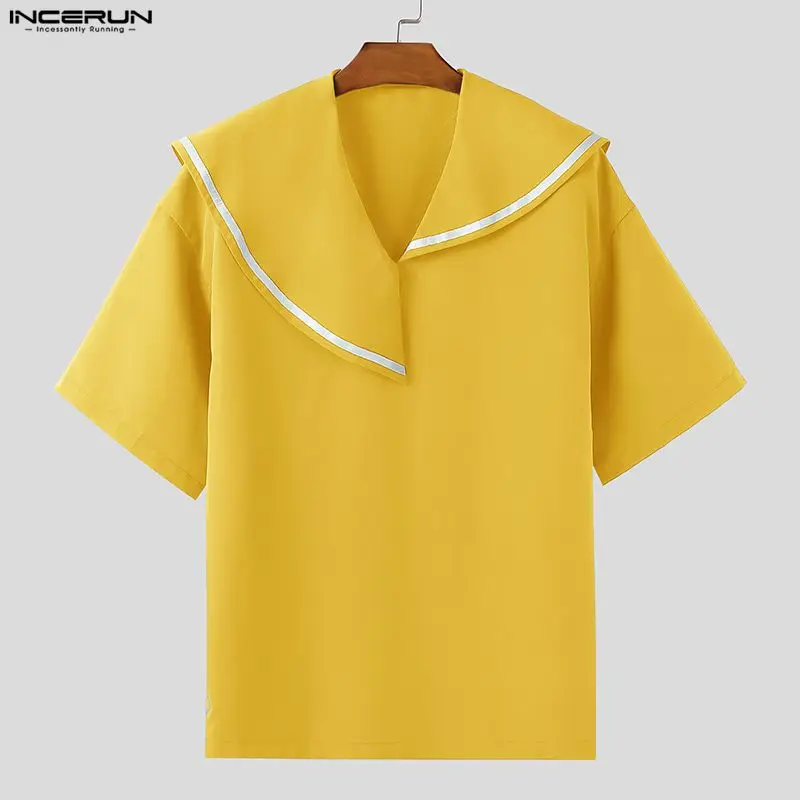 INCERUN Kemeja Pria Patchwork Kerah Biru Laut Lengan Pendek Longgar Atasan Pria Pakaian Jalanan Musim Panas Gaya Korea Fashion Pakaian Pria Kasual