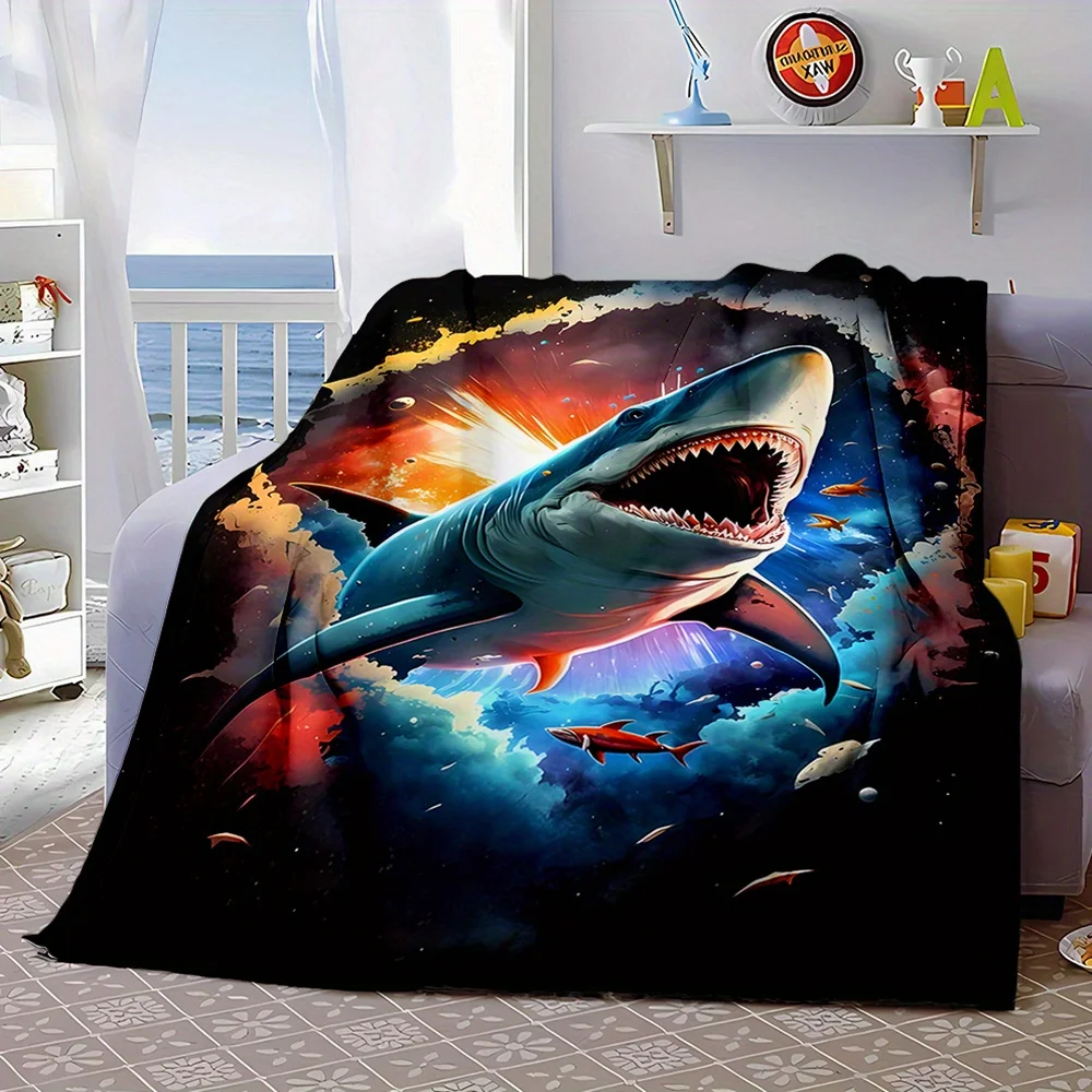 Cosmic Shark Throw Blanket Fleece Decorative Ocean Galaxy Print for Sofa Bedroom Winter Warmth Gift Abstract Marine Art Home